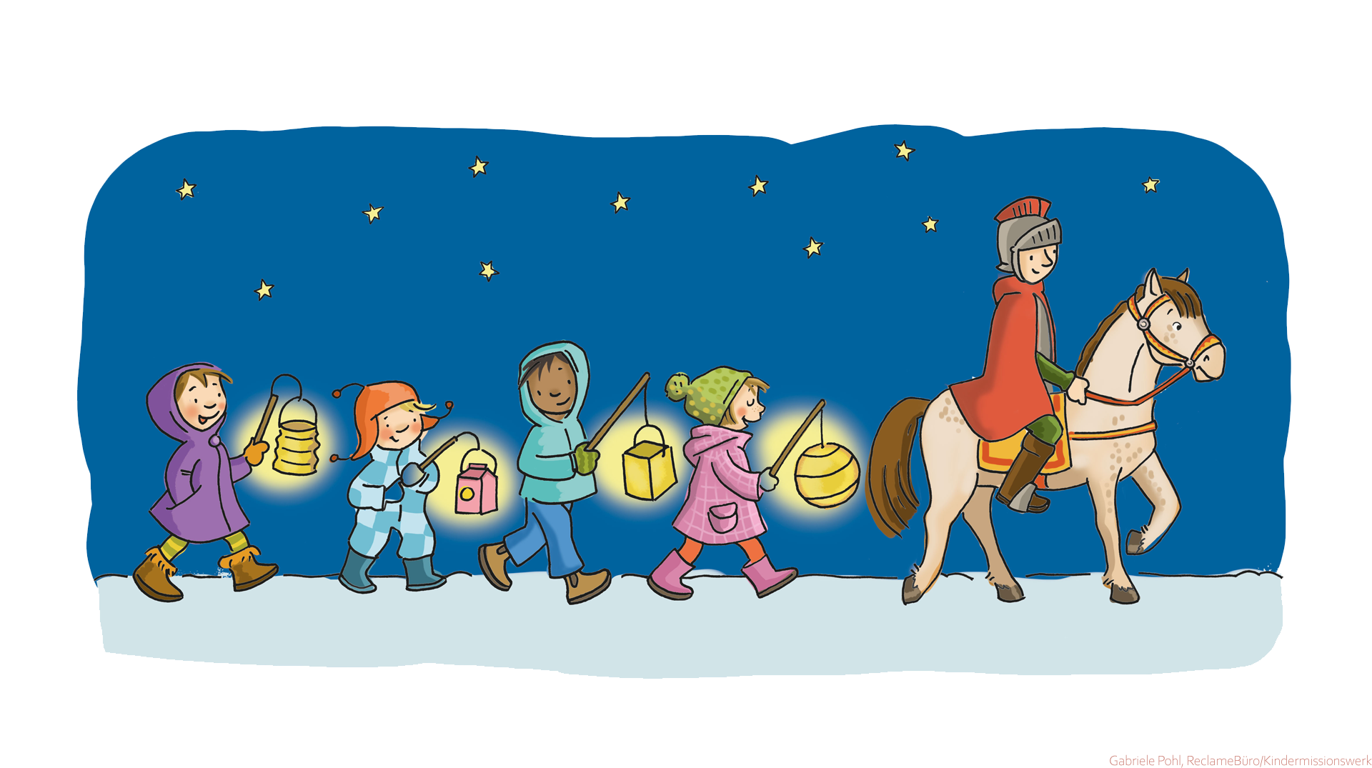 Illustration Martinsumzug, Kinder gehen hinter reitendem Martin her Bild: Gabriele Pohl, ReclameBüro / Kindermissionswerk