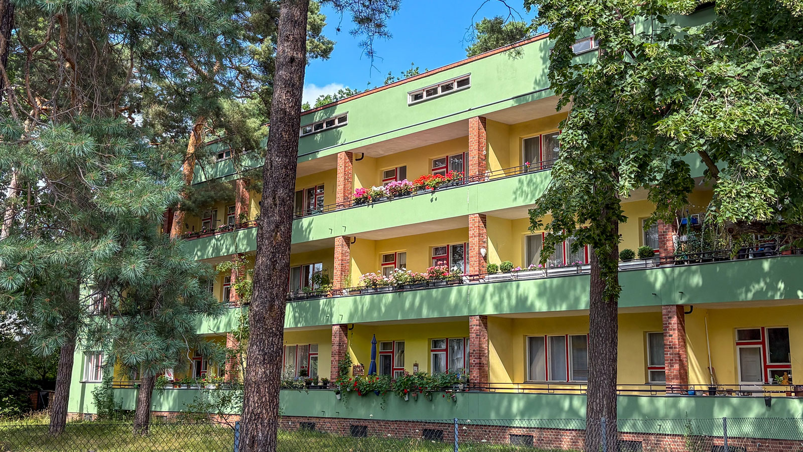 Bunt gestrichenes Wohngebäude zwischen Kiefern am 8. Juli 2026 in der als "Papageiensiedlung" bekannten Waldsiedlung Zehlendorf in Berlin. Bild: Julius Rübe/KNA